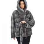 Blue iris cappuccio 54 cappotto pelliccia visone orizzontale coulisse fondo e polsi