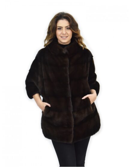 Mantella mogano pelliccia visone orizzontale 42-46 manica 3/4 pistagna