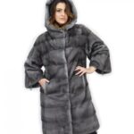 Cappotto 104cm cappuccio pelliccia 46 visone orizzontale blue iris coulisse