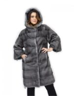 Cappotto 104cm cappuccio pelliccia 46 visone orizzontale blue iris coulisse