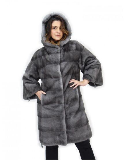 Cappotto 104cm cappuccio pelliccia 46 visone orizzontale blue iris coulisse