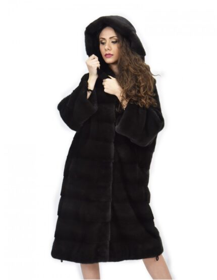 Cappotto 104cm cappuccio pelliccia 52 visone orizzontale aurora coulisse