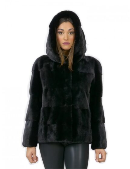 48 Giacca pelliccia visone orizzontale black cappuccio fourrure de vison mink fur Nerz