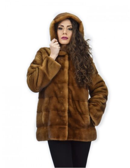 Cappotto 72 cm golden 42 pelliccia di visone orizzontale a pelli intere cappuccio manica lunga