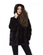 Cappotto 72 cm mogano 50 pelliccia di visone orizzontale a pelli intere cappuccio manica lunga