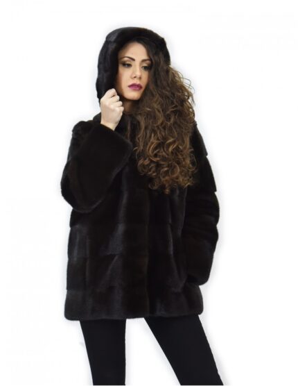 Cappotto 72 cm mogano 50 pelliccia di visone orizzontale a pelli intere cappuccio manica lunga