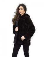 Mantel 72 cm Mahagoni 50 horizontale Nerzpelz mit voller langärmeligem Leder – Bild 3