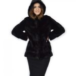 Cappotto 72 cm nero 44 pelliccia di visone orizzontale a pelli intere cappuccio manica lunga