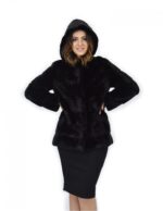 Cappotto 72 cm nero 44 pelliccia di visone orizzontale a pelli intere cappuccio manica lunga