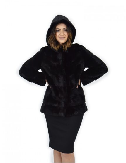 Cappotto 72 cm nero 44 pelliccia di visone orizzontale a pelli intere cappuccio manica lunga