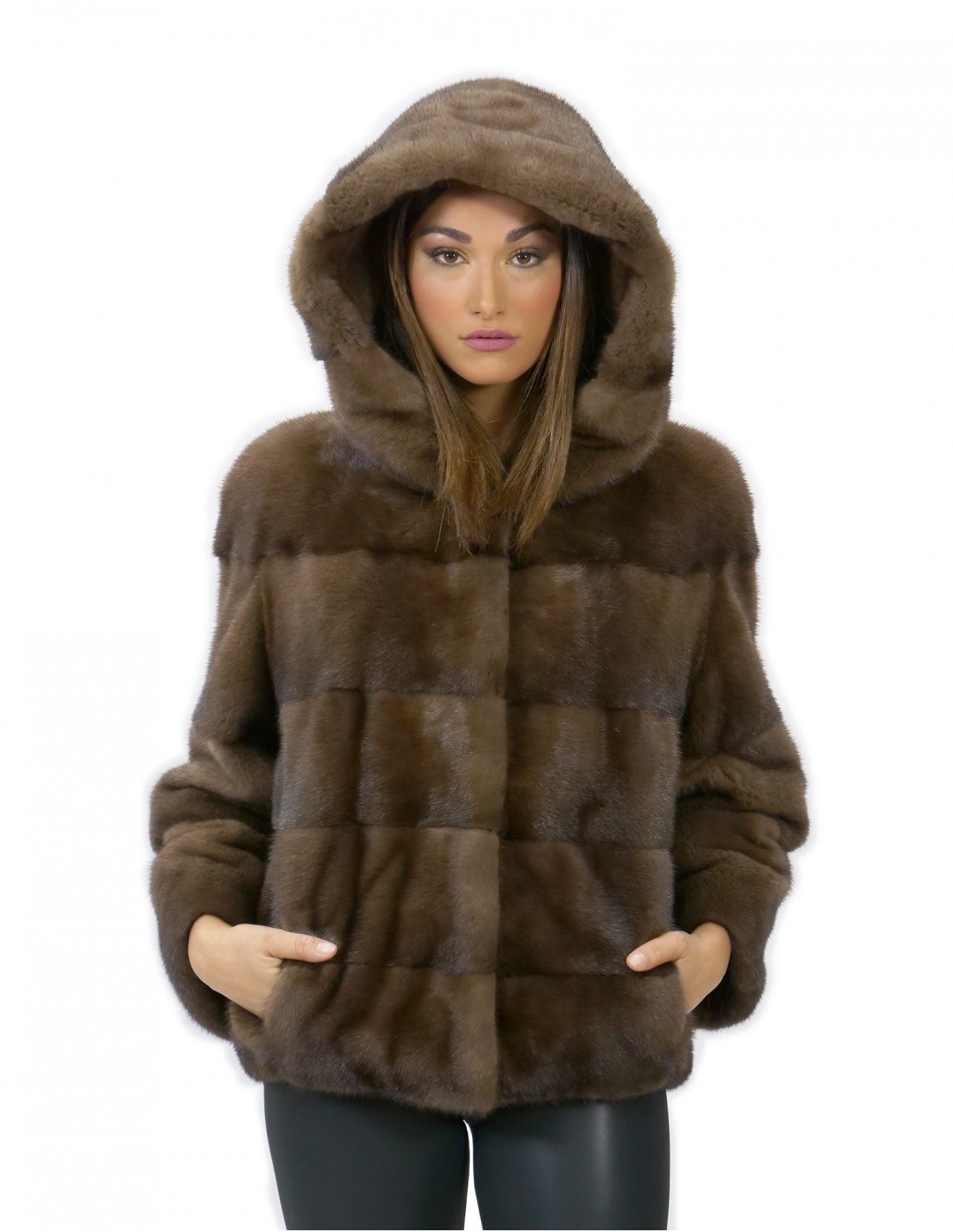56 Giacca in pelliccia di visone con cappuccio manica 3/4 corta colore demy buff