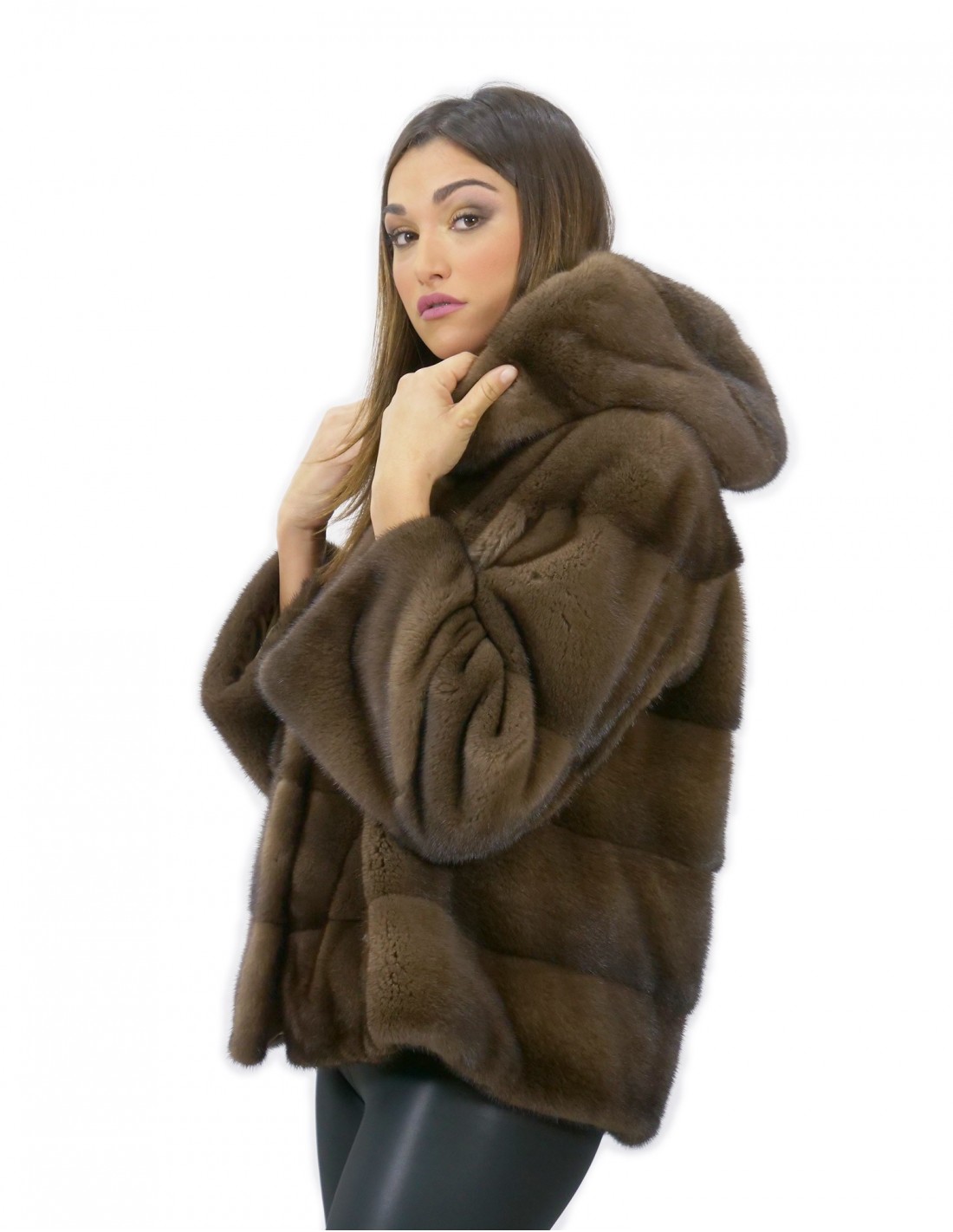 56 Mink fur jacket with hood sleeve 3/4 short demy buff color - Image 3