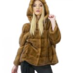 Pelliccia visone giacca corta 60 centimetri oro golden 54 cappuccio manica 3/4
