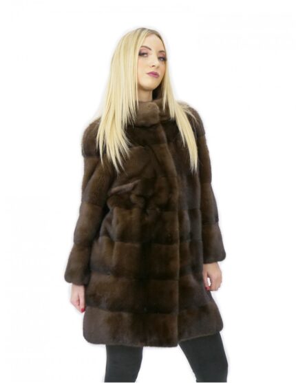 Cappotto pelliccia visone 84 centimetri demi taglia 44 collo pistagna manica 3/4