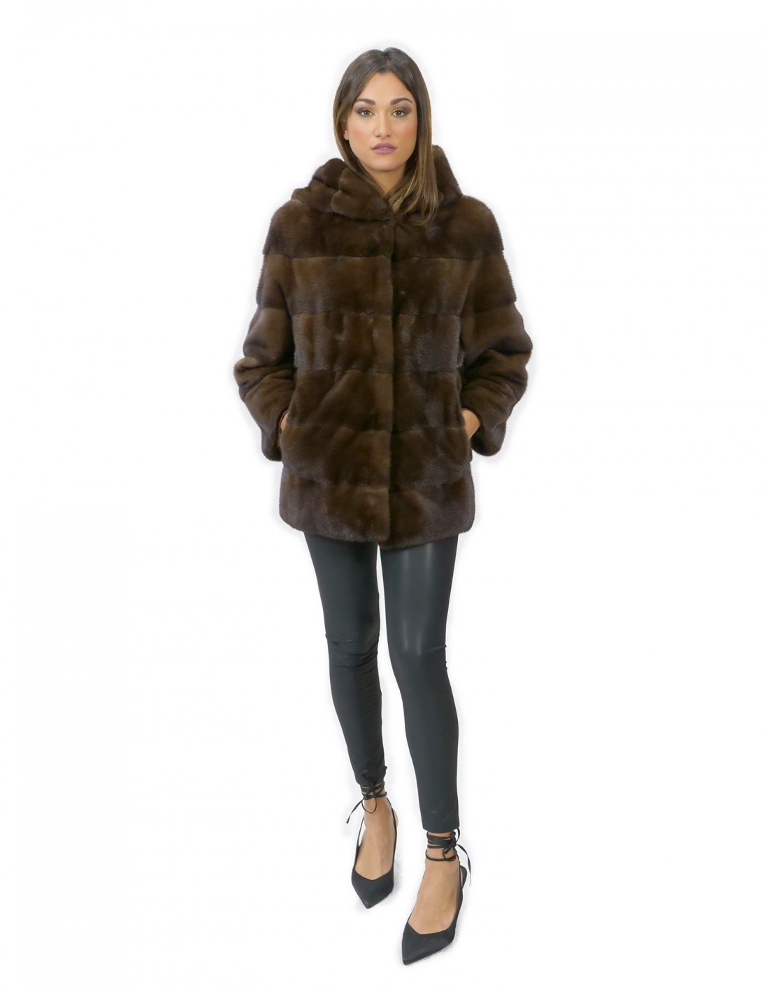 Jacke 70 cm horizontale Nerzgröße 52 Fell Kapuze scanbrown – Bild 5