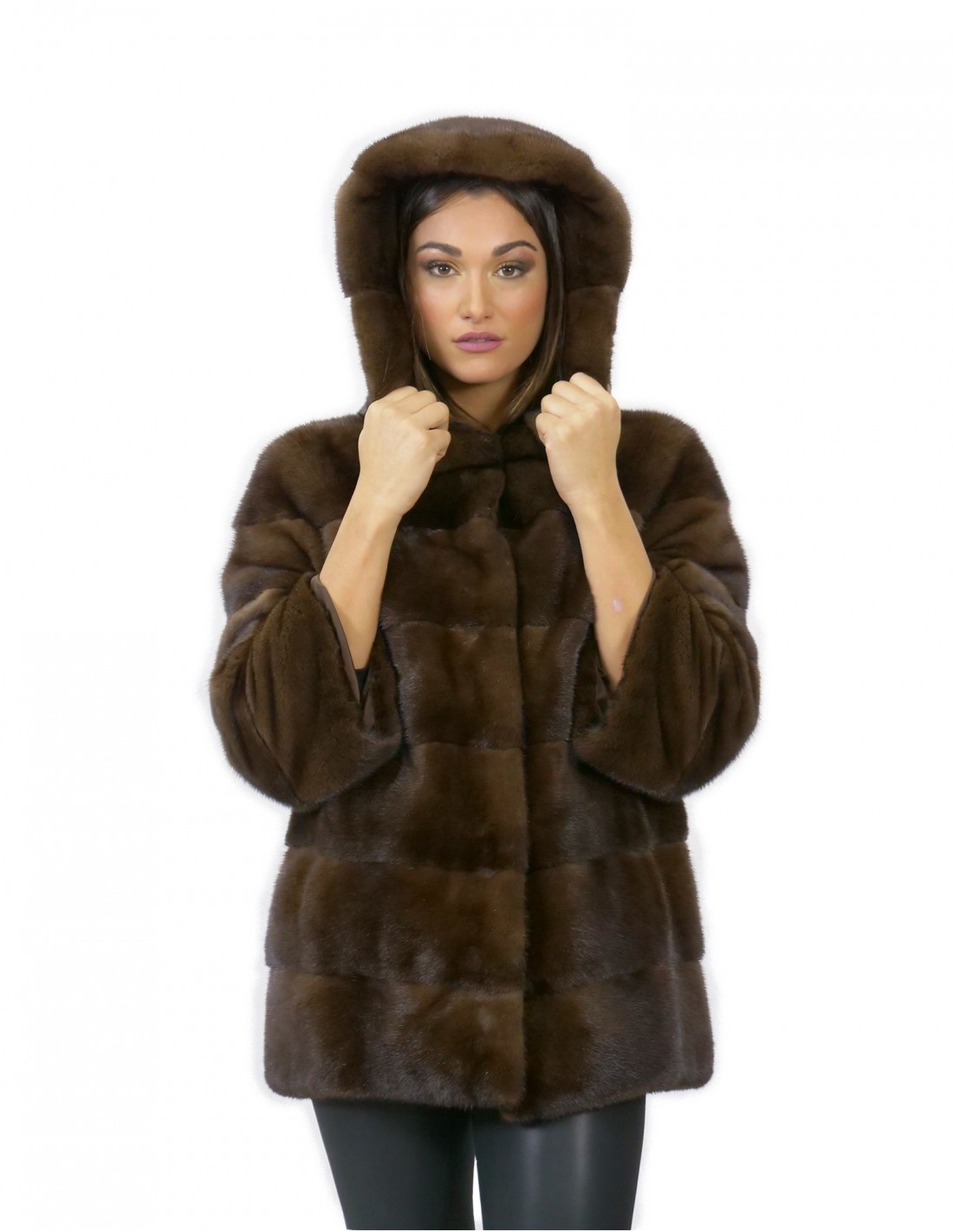 Giacca 70 centimetri visone orizzontale taglia 52 pelliccia cappuccio scanbrown