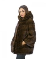Jacke 70 cm horizontale Nerzgröße 52 Fell Kapuze scanbrown – Bild 3