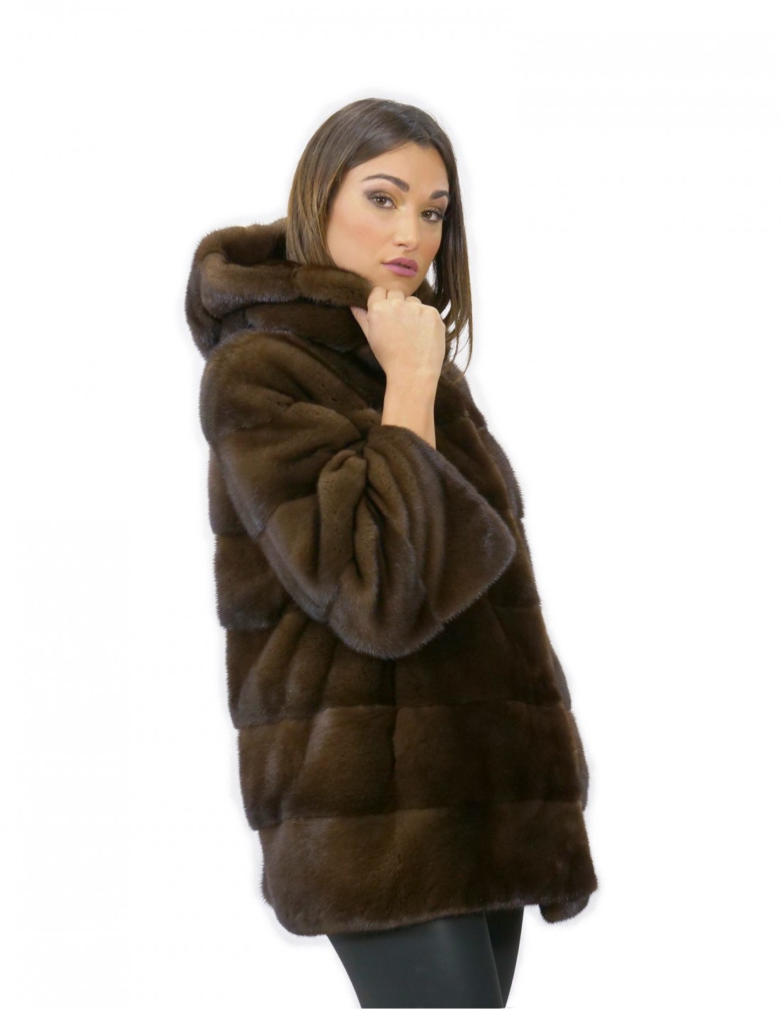 Jacke 70 cm horizontale Nerzgröße 52 Fell Kapuze scanbrown – Bild 4