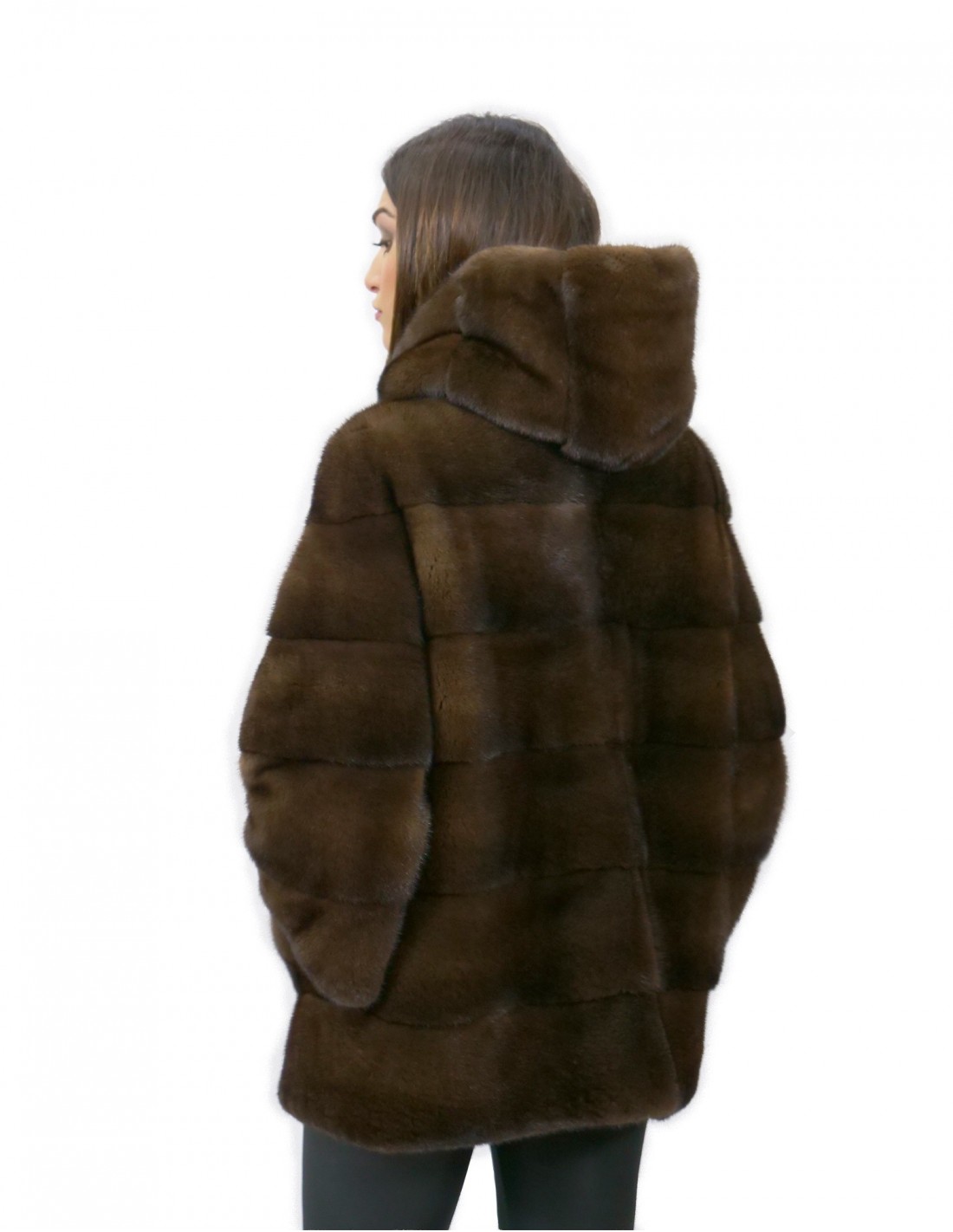 Jacke 70 cm horizontale Nerzgröße 52 Fell Kapuze scanbrown – Bild 6