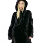 Pelliccia visone taglia 50 nero lungo 88 centimetri cappuccio donna elegante