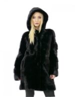 Pelliccia visone taglia 50 nero lungo 88 centimetri cappuccio donna elegante
