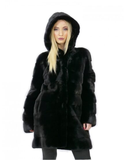 Pelliccia visone taglia 50 nero lungo 88 centimetri cappuccio donna elegante