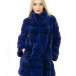 Cappotto pelliccia visone donna blu cross 44 lungo 81 cm collo alto moderno moda