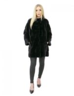 Coat fur mink woman black 44 long 84 cm high collar sleeve 3/4 fashion - Image 5