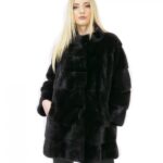 Cappotto pelliccia visone donna nero 44 lungo 84 cm collo alto manica 3/4 moda