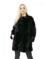 Cappotto pelliccia visone donna nero 44 lungo 84 cm collo alto manica 3/4 moda