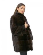 Women's 52 fur coat mink mahogany 81 cm long high collar 3/4 sleeves - Image 4