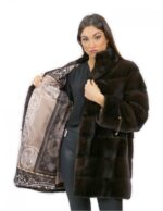Women's 52 fur coat mink mahogany 81 cm long high collar 3/4 sleeves - Image 7
