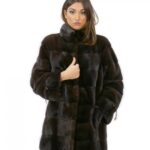 Cappotto 58 pelliccia visone donna mogano lungo 81 cm collo alto manica 3/4