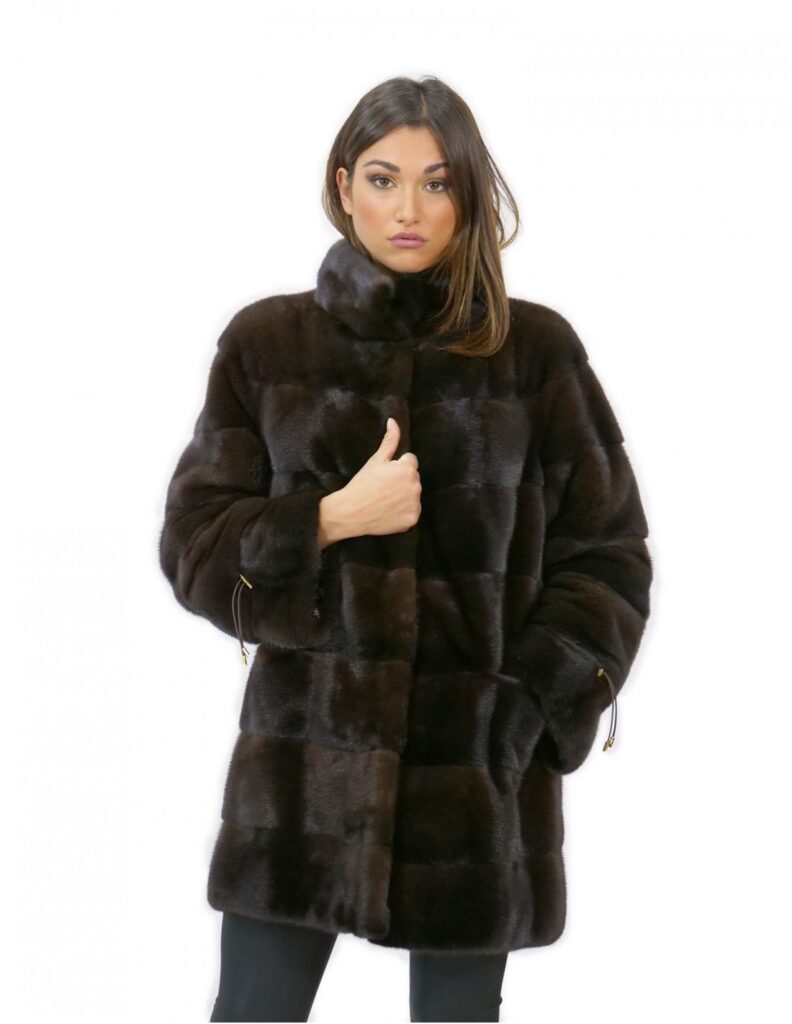 Cappotto 58 pelliccia visone donna mogano lungo 81 cm collo alto manica 3/4
