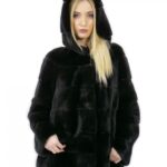 Giacca 44 lungo 71 cm pelliccia visone donna nero cappuccio manica 3/4