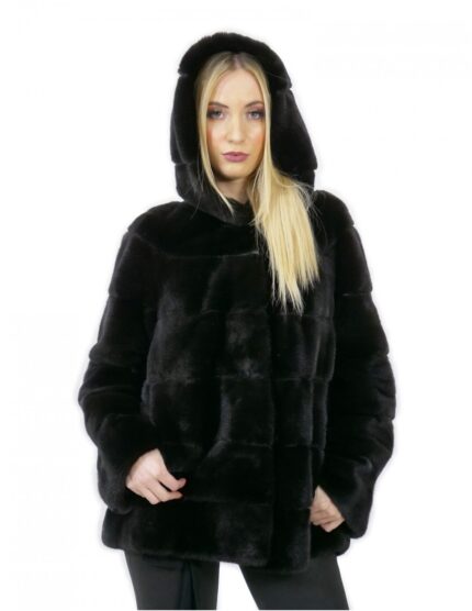 Giacca 44 lungo 71 cm pelliccia visone donna nero cappuccio manica 3/4