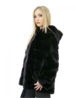 Jacke 44 lang 71 cm Pelz Nerz Frau schwarz Kapuzenärmel 3/4 – Bild 4