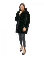 Women's 44 long jacket 81 cm fur mink black hood 3/4 sleeve - Image 5