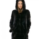 Women's 44 long jacket 81 cm fur mink black hood 3/4 sleeve