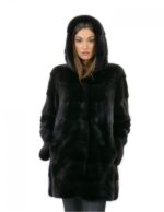 Women's 44 long jacket 81 cm fur mink black hood 3/4 sleeve
