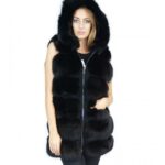 Gilet pelliccia volpe nero con inserti di pelle scamosciata 50 e cappuccio fox Fuchs renard