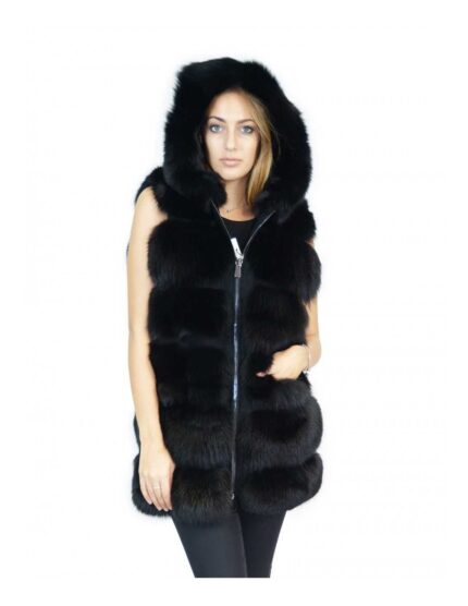 Gilet pelliccia volpe nero con inserti di pelle scamosciata 50 e cappuccio fox Fuchs renard