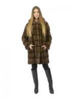 Pelzmantel 48 Nerz waagerecht mit brauner Kapuze 88 cm lange Außentaschen – Bild 5