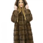 Cappotto pelliccia 48 visone orizzontale con cappuccio brown lungo 88 centimetri tasche esterne