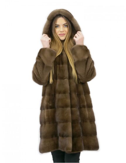 Cappotto pelliccia 48 visone orizzontale con cappuccio brown lungo 88 centimetri tasche esterne