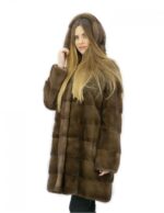 Pelzmantel 48 Nerz waagerecht mit brauner Kapuze 88 cm lange Außentaschen – Bild 3