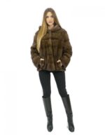 3 Giacca pelliccia 48 visone orizzontale con cappuccio brown lungo 62 centimetri tasche esterne