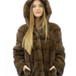 Giacca pelliccia 54 visone orizzontale con cappuccio brown lungo 62 centimetri tasche esterne