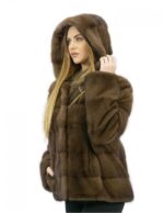 Pelzjacke 54 Nerz horizontal mit brauner Kapuze 62 Zentimeter lange Außentaschen – Bild 3