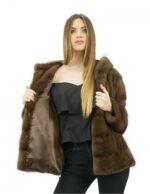 Pelzjacke 54 Nerz horizontal mit brauner Kapuze 62 Zentimeter lange Außentaschen – Bild 7